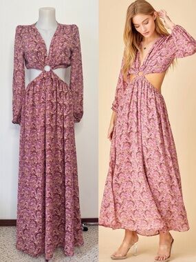 NWT Baevely Maxi Dress V Neck Long Sleeve Open Detail Floral Sz M